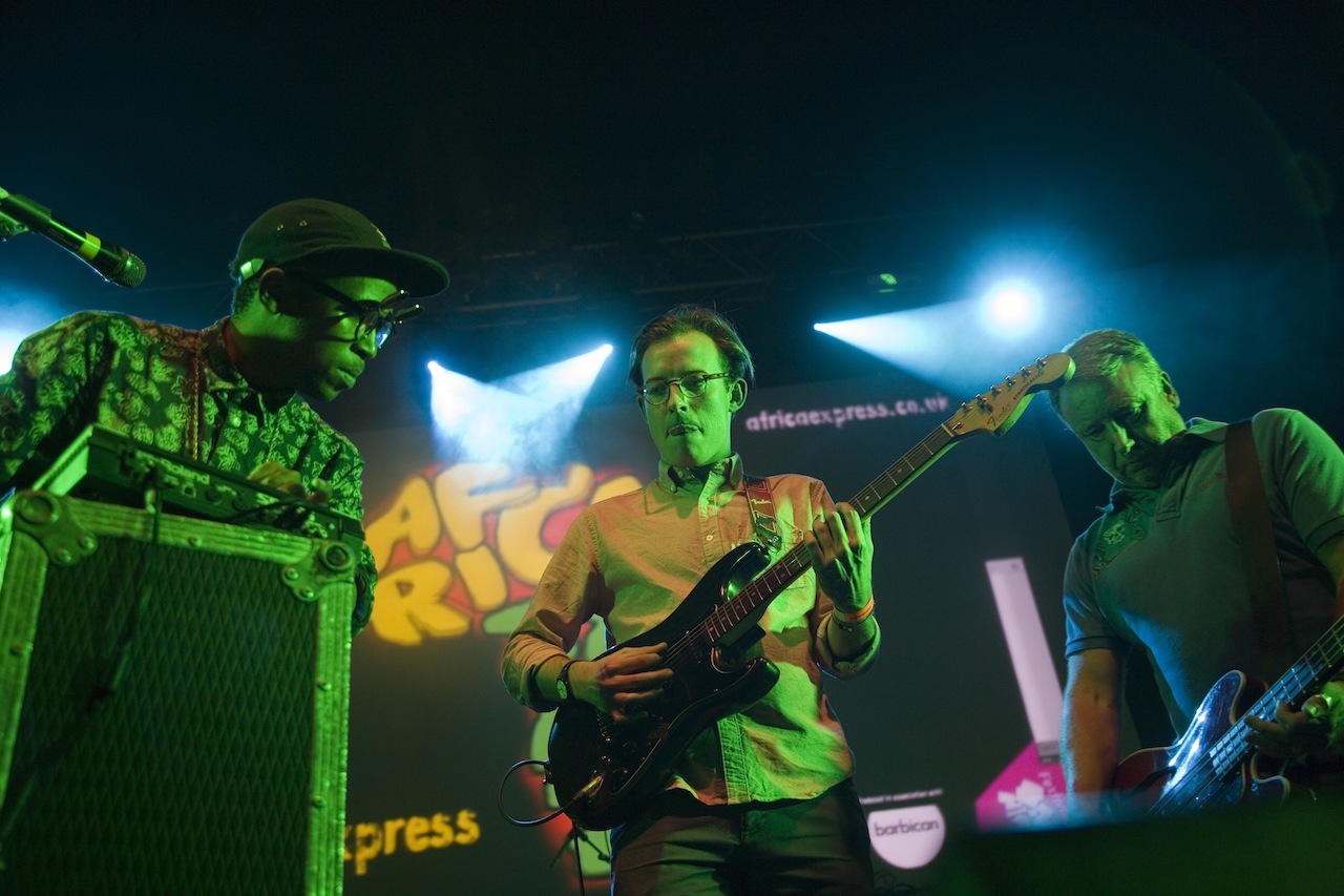 Spoek Mathambo, Jack Steadman and Peter Hook play 'Control' at Africa Express, The Ritz, Manchester. Photo by Simon Phipps