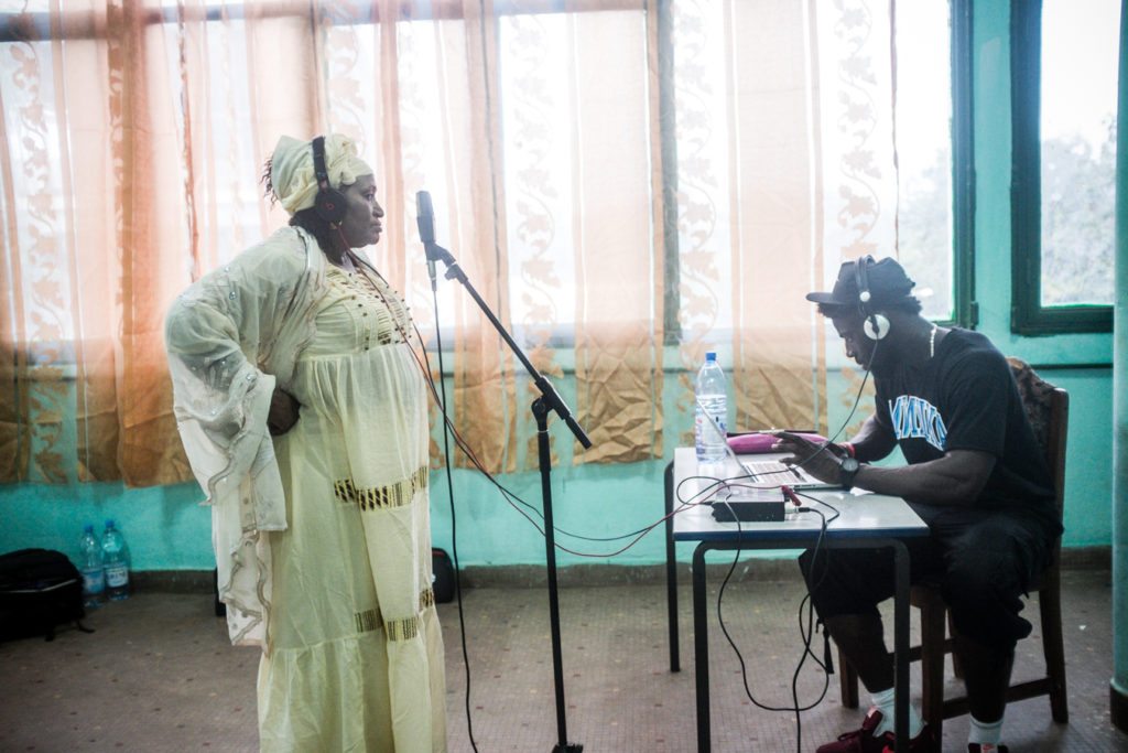 Khaira Arby, the famous Timbuktu diva, recording with British hip-hop producer Lil Silva. Photo by N.Zinner.